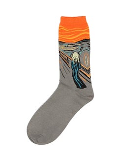 Buy Casual Cotton Printed Crew Socks Grey/Orange in Saudi Arabia