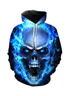 Buy Fiery Skull Design Cotton Blend Hoodie Blue in UAE