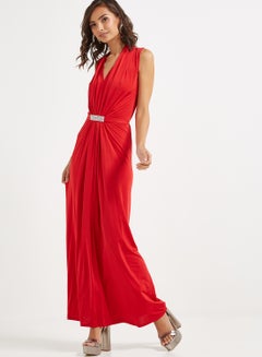 Buy Front Plated Maxi Dress Red in UAE