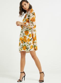 Buy Floral Print Mini Dress Yellow/Green/Beige in UAE