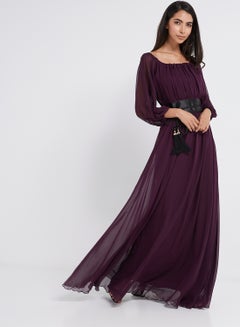 Buy Tie-Waist Frilly Maxi Dress Wine in UAE