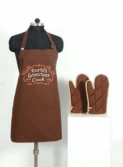 Buy 3-Piece Graphic Printed Cooking Apron And Mitt Set Brown in Egypt