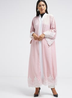 Buy Lace And Embroidered Detailed Abaya Pink/White in UAE