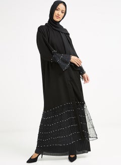 Buy Bead and Netted Detail Abaya Black in UAE