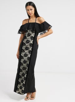 Buy Ruffle Off Shoulder Dress Black/White in UAE