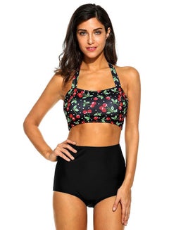 Buy High Waist Pineapple Printing Padding Bikini Set Black/Floral in Saudi Arabia