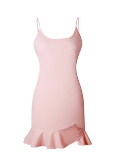 Buy Ruffled Hemline Sleeveless Spaghetti Strap Solid Casual Beach Dress Pink in UAE
