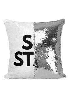 Buy Sit Stay Funny Sequined Throw Pillow polyester Silver/White/Black 16x16inch in UAE