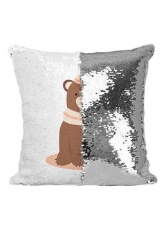 اشتري Cozy Winter Teddy Bear Cartoon Sequined Throw Pillow Silver/White/Brown 16x16inch في الامارات