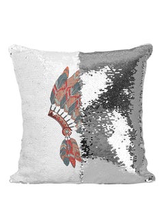 Buy Native Tribal Hat Headdress Feather Sequined Throw Pillow Silver/Black/White 16x16inch in UAE