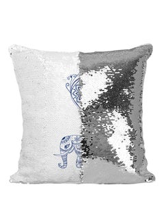 Buy Boho Indian Elephant Mandala Sequined Throw Pillow Blue/White/Grey 16x16inch in UAE