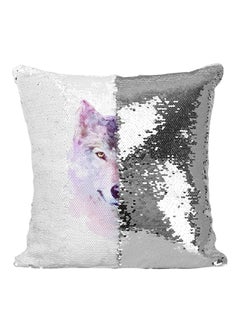 Buy Watercolor Wolf Face Sequined Throw Pillow Silver/White/Blue 16x16inch in UAE