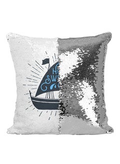 Buy Home Sweet Ocean Sail Boat Sequin Throw Pillow Silver/White/Blue 16x16inch in UAE