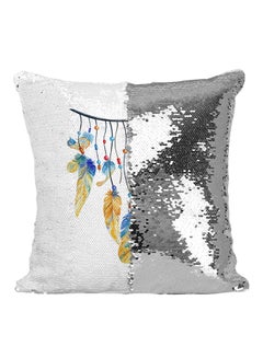 Buy Pretty Colorful Tribal Feather Sequined Throw Pillow Silver/White/Yellow 16x16inch in UAE