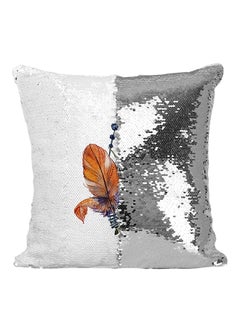 Buy Feather Bouquet Sequined Throw Pillow Silver/White/Orange 16x16inch in UAE