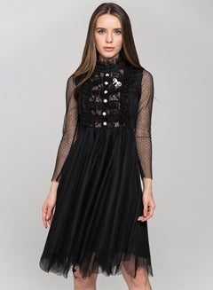 Buy Sheer Sleeved Lace Bib Midi Dress Black in UAE