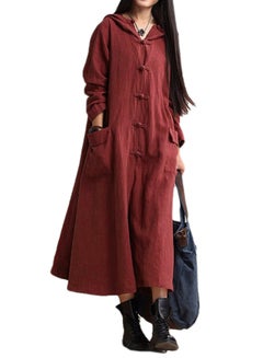 Buy Vintage Long Sleeve Midi Cotton Dress Burgundy in Saudi Arabia