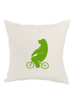 Buy Bear Driving A Bicycle Printed Pillow White/Green 40x40cm in Egypt