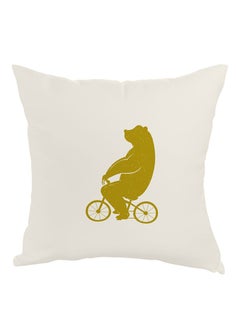 Buy Bear Driving A Bicycle Printed Pillow White/Gold 40x40cm in Egypt