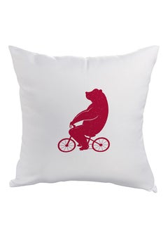 Buy Bear Driving A Bicycle Printed Pillow White/Red 40x40cm in Egypt