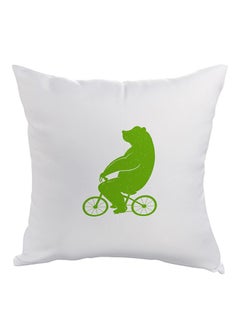 Buy Bear Driving A Bicycle Printed Pillow polyester White/Green 40x40cm in Egypt