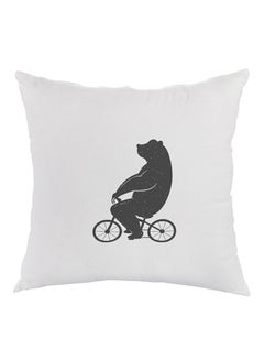 Buy Bear Driving A Bicycle Printed Pillow White/Black 40x40cm in Egypt