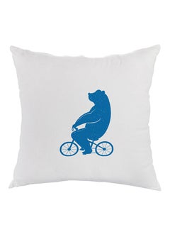 Buy Bear Driving A Bicycle Printed Pillow White/Blue 40x40cm in Egypt