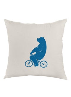 Buy Bear Driving A Bicycle Printed Pillow velvet White/Blue 40x40cm in Egypt