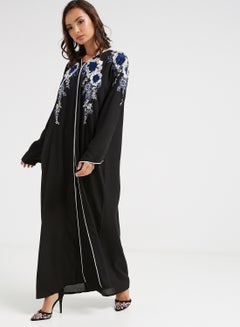 Buy Crochet Knit Detailed Abaya Black/White/Blue in UAE