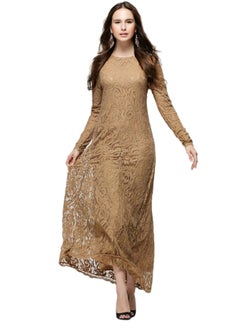 Buy Embroidered Net Long Sleeve Dress Brown in UAE