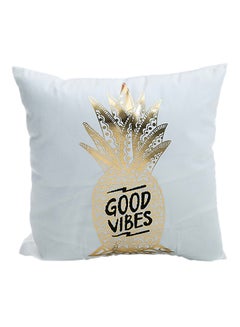 Buy Cotton Blend Washable Good Vibes Printed Square Decorative Cushion Cover Gold/White 45x45centimeter in Saudi Arabia