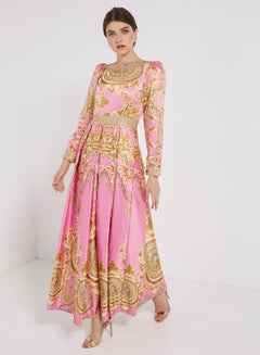 Buy Printed Frill Detailed Maxi Dress Pink/Gold in UAE