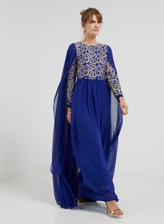 Buy Flared Hemline Long Sleeves Maxi Dress Blue/Gold in UAE