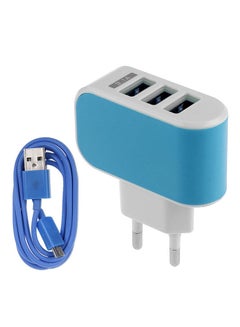 Buy 3-Port USB Wall Charger With Micro USB Cable-EU Plug Blue/White in UAE