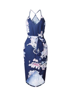 Buy Floral Print V-Neck Midi Dress Navy/White in UAE