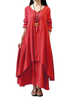 Buy New Fashion Solid Long Sleeves Boho Long Maxi Dress G8214R Red in UAE