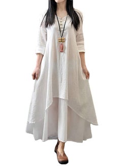 Buy New Fashion Solid Long Sleeves Boho Long Maxi Dress G8214W White in Saudi Arabia