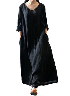 Buy Autumn Long Sleeves Cotton Retro Boho Maxi Dress G9543B Black in UAE