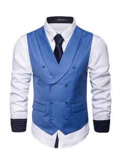 Buy Solid Double-breasted Business Waistcoat Blue in UAE