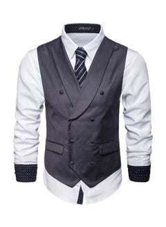 Buy Solid Double-breasted Business Waistcoat Grey in UAE