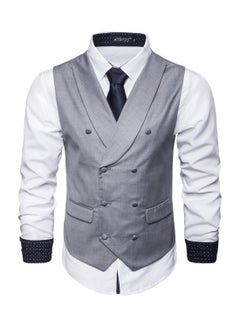 Buy Solid Double-breasted Business Waistcoat Grey in UAE