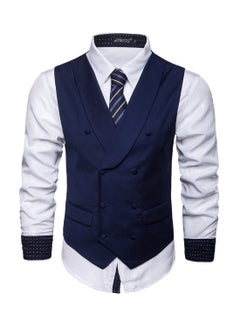 Buy Solid Double-breasted Business Waistcoat Navy in UAE