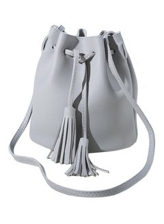 Buy Leather Tassel Drawstring Bucket Crossbody Bag Grey in Saudi Arabia