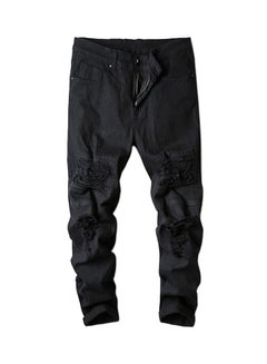 Buy Casual Solid Ripped Cotton Trousers Black in UAE