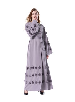 Buy Floral Sash Solid Bell Sleeve Abaya Grey in UAE