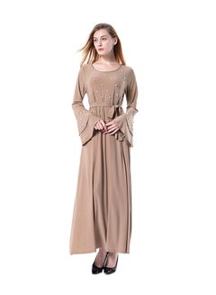 Buy Beading Flared Sleeve Round Neck Maxi Dress Beige in UAE