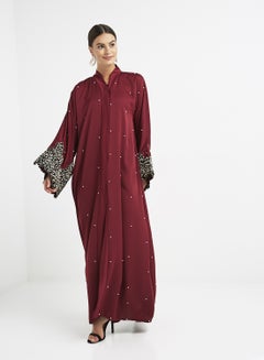 Buy Pearl Embellished Abaya Maroon/Black in UAE