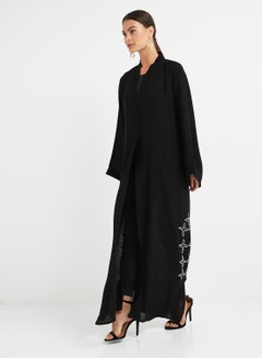 Buy Floral Embroidered Abaya Black/White in UAE