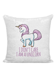 اشتري وسادة زينة مزينة بالترتر ونمط مطبوع لعبارة "I Don't Care I Am A Unicorn" بوليستر فضي/أبيض/أرجواني 16x16 بوصة في الامارات