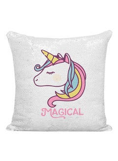 Buy Magical Rainbow Unicorn Girly Printed Sequined Pillow White/Pink/Yellow 16x16inch in Saudi Arabia
